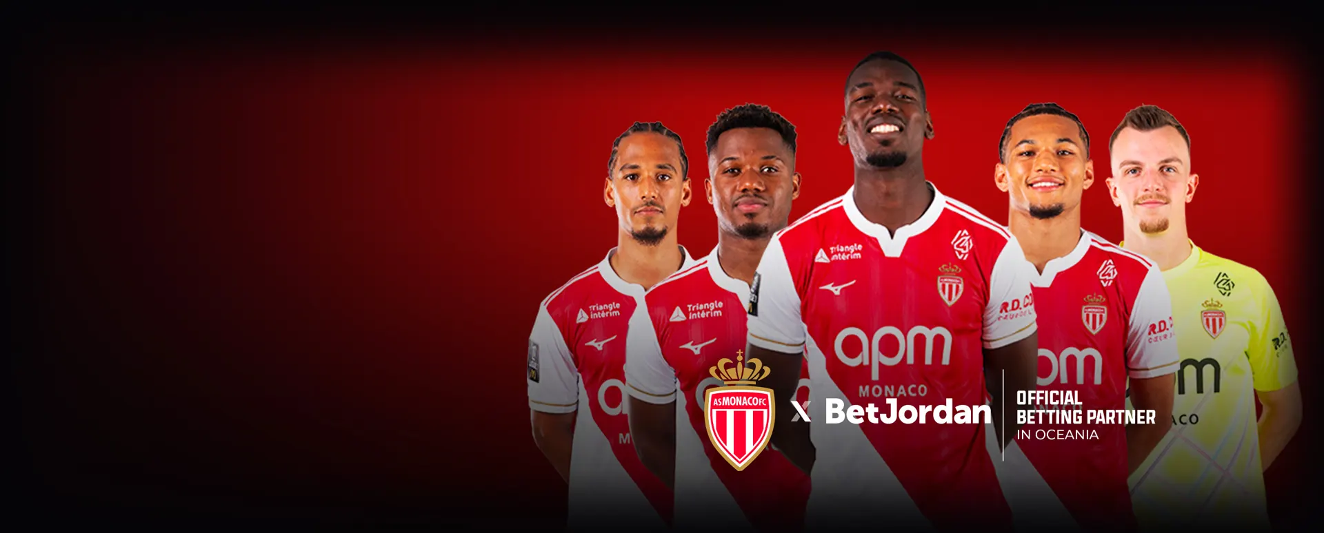 AS Monaco FC first-team players, with the AS Monaco FC and BetJordan lockup: official betting partner in Oceania.